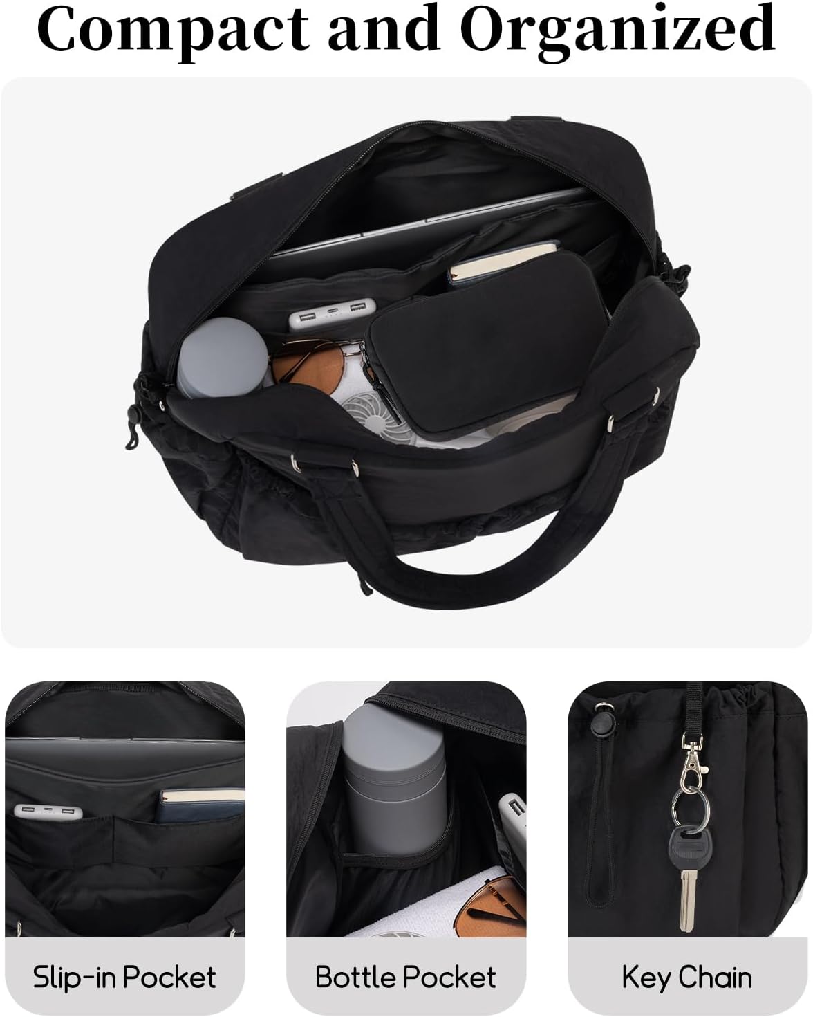 Carry On Duffle Bag with 15.6 Inch Laptop Compartment, Gym Bag for Women with Wet Pocket, Shoe Bag and Toiletry Pouch, Personal Item Travel Duffel Weekender Overnight Bags, Black - Image 4