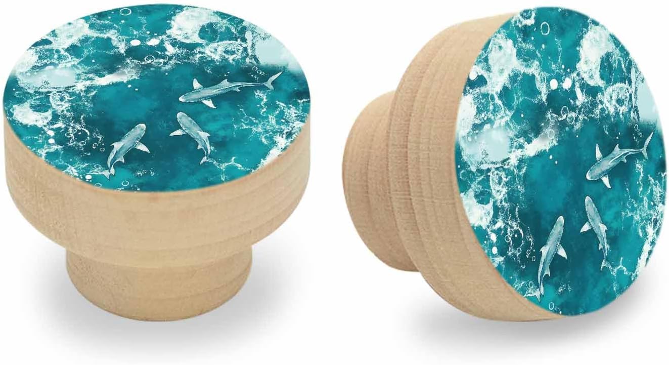 2 Pcs Cabinet Knobs 1.6 Inch, Teal Green Ocean Shark Wood Drawer Pulls Decorative Kitchen Cabinet Handles, Coastal Wave Summer Beach Round Dresser Handles Closet Door Pulls Drawer Knobs