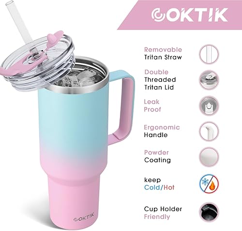 Miniatura 2 de COKTIK Vaso de 40 onzas con asa y tapa con popote, tapa 2 en 1 (pajilla  abatible), vaso de viaje de acero inoxidable aislado al vacío para bebidas