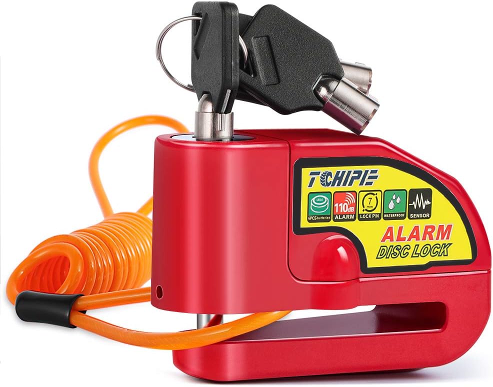 Tchipie Disc Brake Lock Motorcycle Alarm with 110db Alarm Sound, Theft Prevention Security Wheel Disk Lock for 7mm Brake Rotor, Heavy Duty with 5 feet Reminder Cable for Motorcycles Bicycles