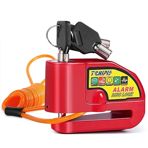 Tchipie Disc Brake Lock Motorcycle Alarm with 110db Alarm Sound, Theft Prevention Security Wheel Disk Lock for 7mm Brake Rotor, Heavy Duty with 5 feet Reminder Cable for Motorcycles Bicycles