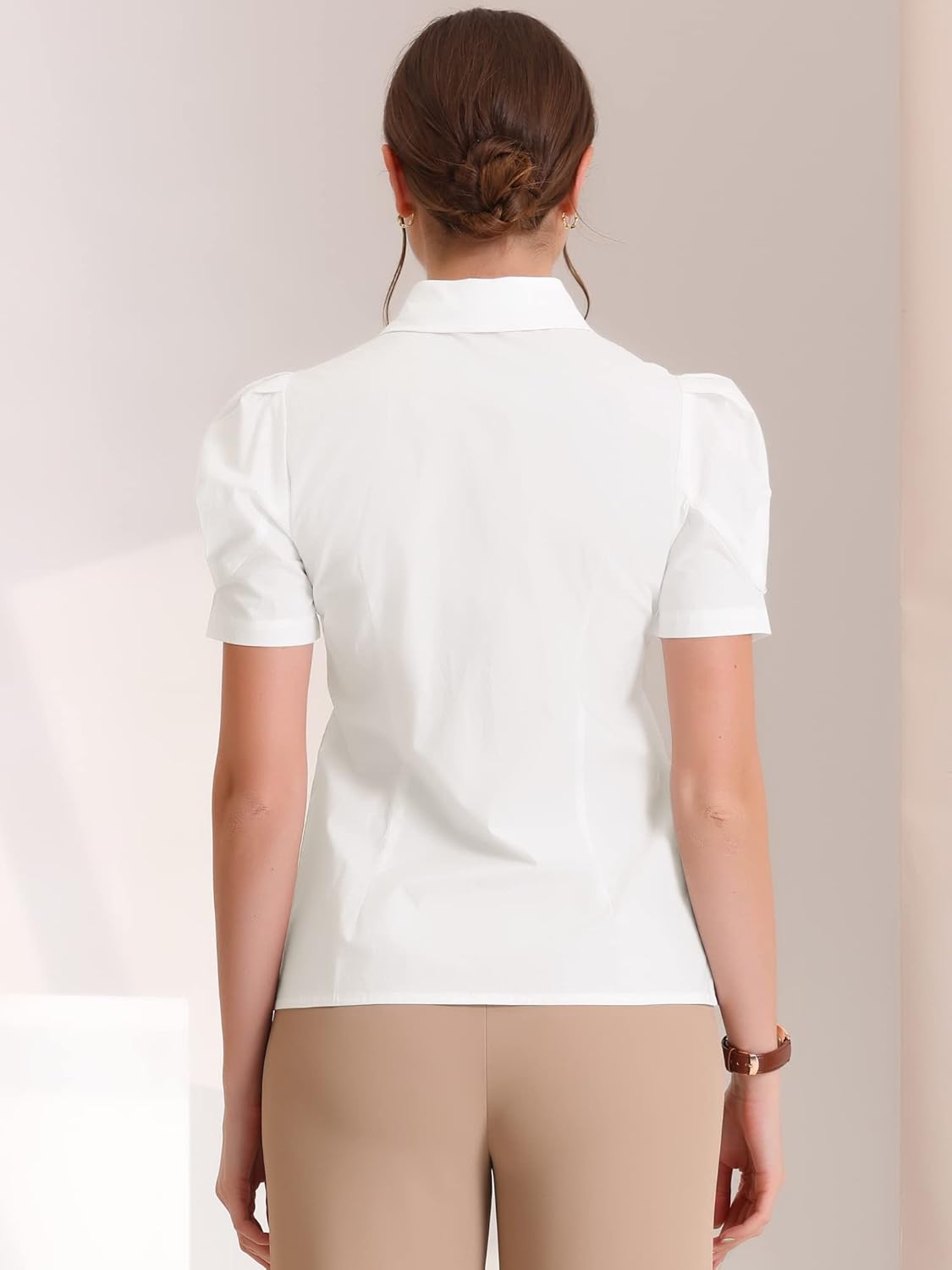 Allegra K Women's Puff Short Sleeve Turn Down Collared Work Office Button Down Shirt - Image 4