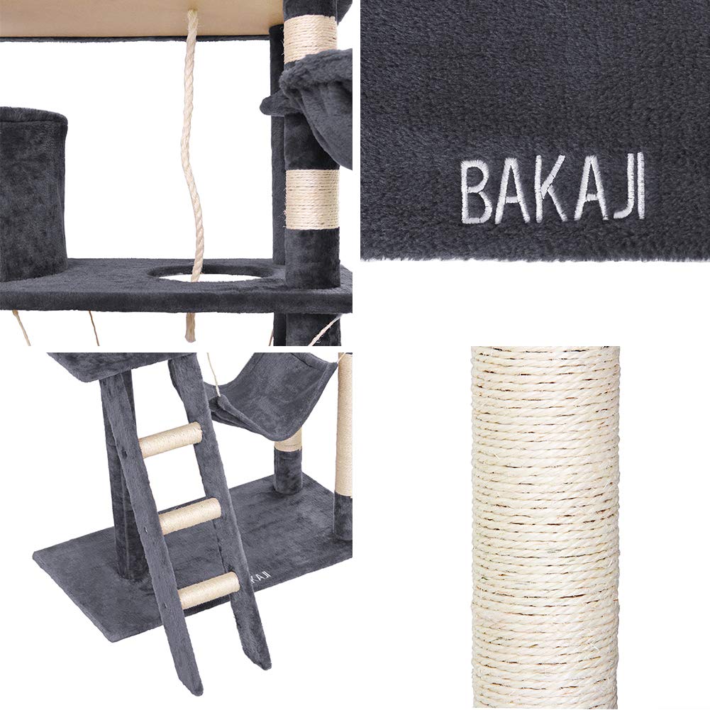 Bakaji Albero Tiragraffi per Gatti in Sisal e Peluche Parco Giochi Gatto con Cuccia Sospesa Nascondigli Pali Graffiatoio e Piattaforme Dimensioni 142 x 74,5 x 40 cm (Grigio)
