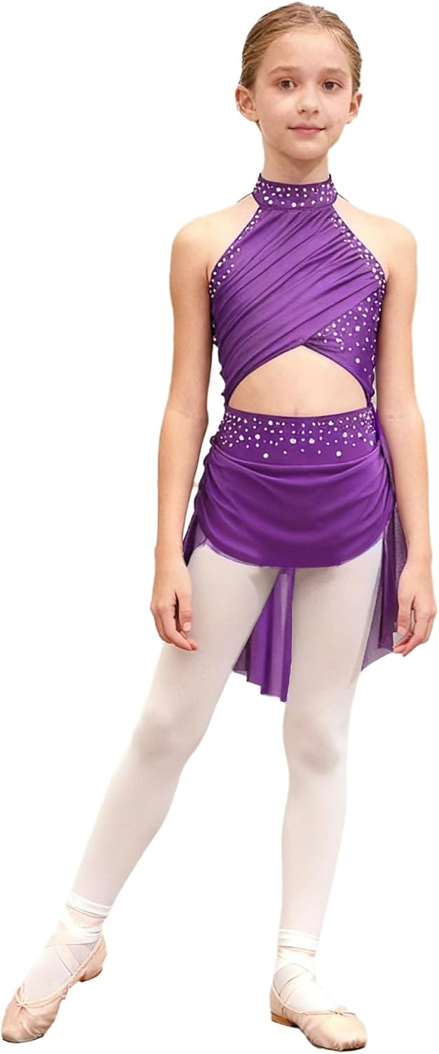 iiniim Kids Girls Shiny Ballet Lyrical Dance Dress Jazz Latin Dance Costume Backless Gymnastic Leotard with Flowy Skirt