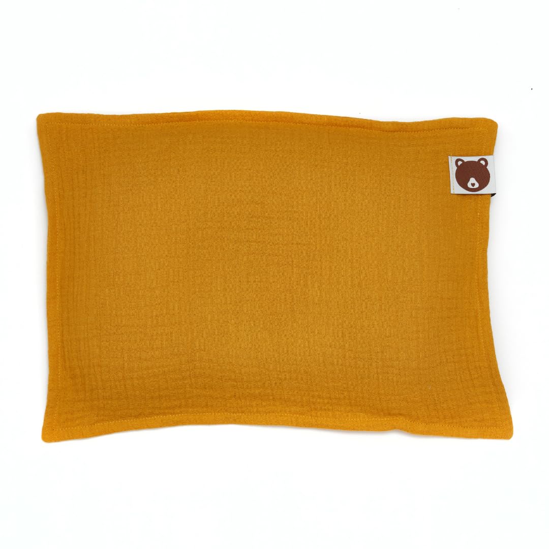 umweltfreundliches Baby Kopfkissen mit ergonomischer Mulde | atmungsaktiv und hypoallergen| inkl. senfgelben Bio-Musselin Kissenbezug Made in Germany
