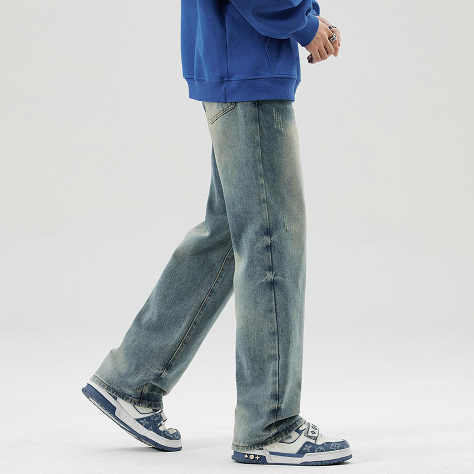 Jeans Blu Bianchi High Street Uomo Primavera Gamba Larga Pantaloni Dritti Larghi Casual Uomo-Bianco Blu-XL