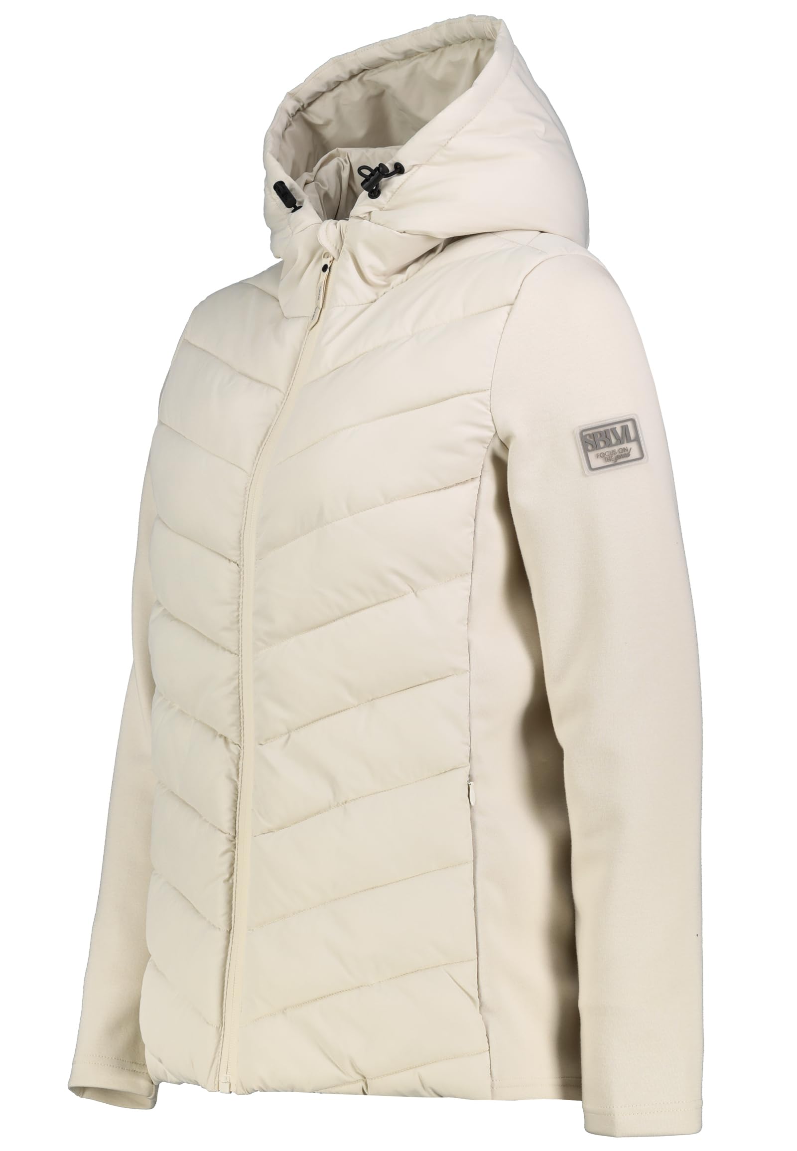 Sublevel Damen Hybridjacke mit Kapuze – Gesteppte Stepp-Front & Sweat-Ärmel – Leichte Übergangsjacke für Frühling, Sommer & Herbst
