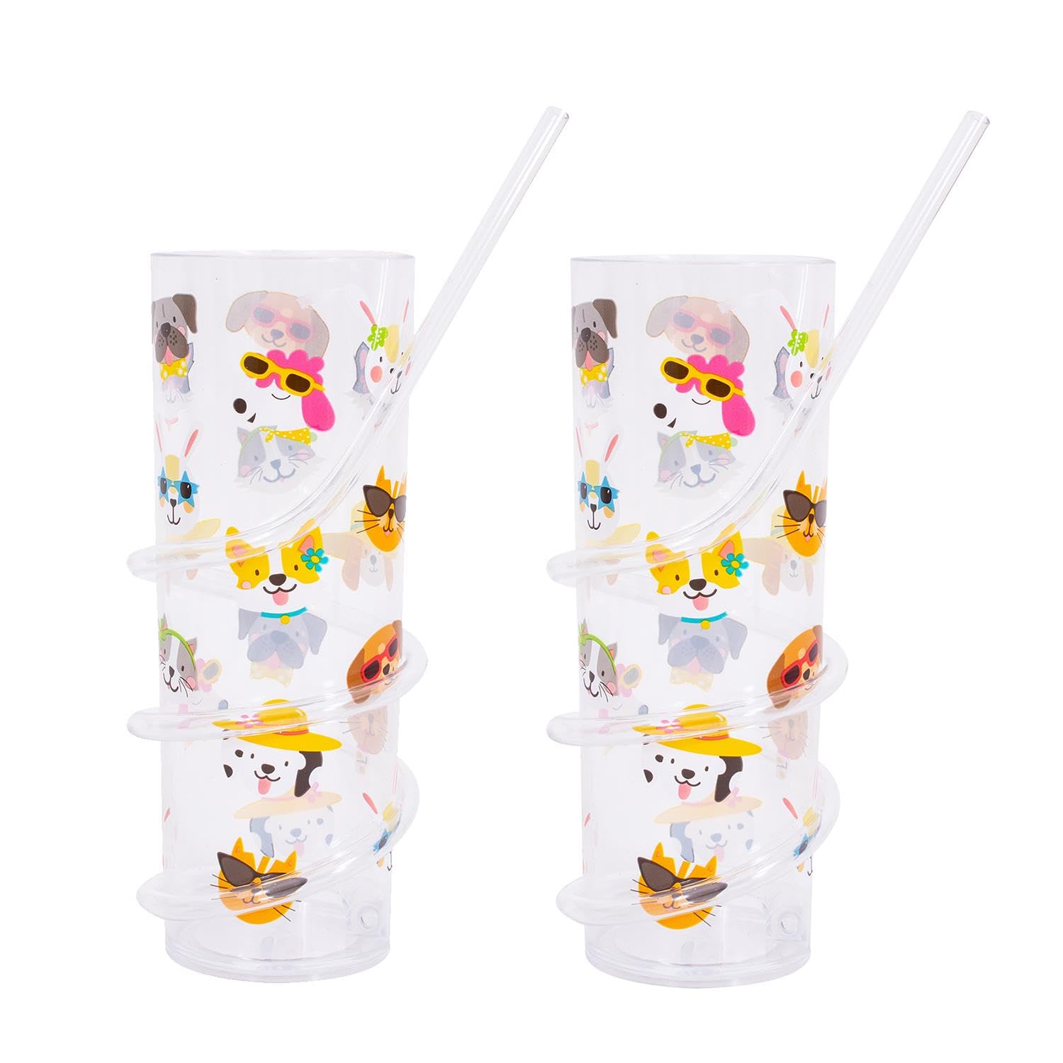YöL Pack of 2 Kids Reusable Plastic Cups with Spiral Straw Dog Cat Bunny Print Summer Party Picnic BBQ Tumblers Garden