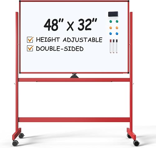 Miniatura 14 de TSJ OFFICE Pizarra blanca rodante grande – Borrado en seco magnético 48 x 32 pulgadas, pizarra blanca de ajuste de altura de doble cara, caballete