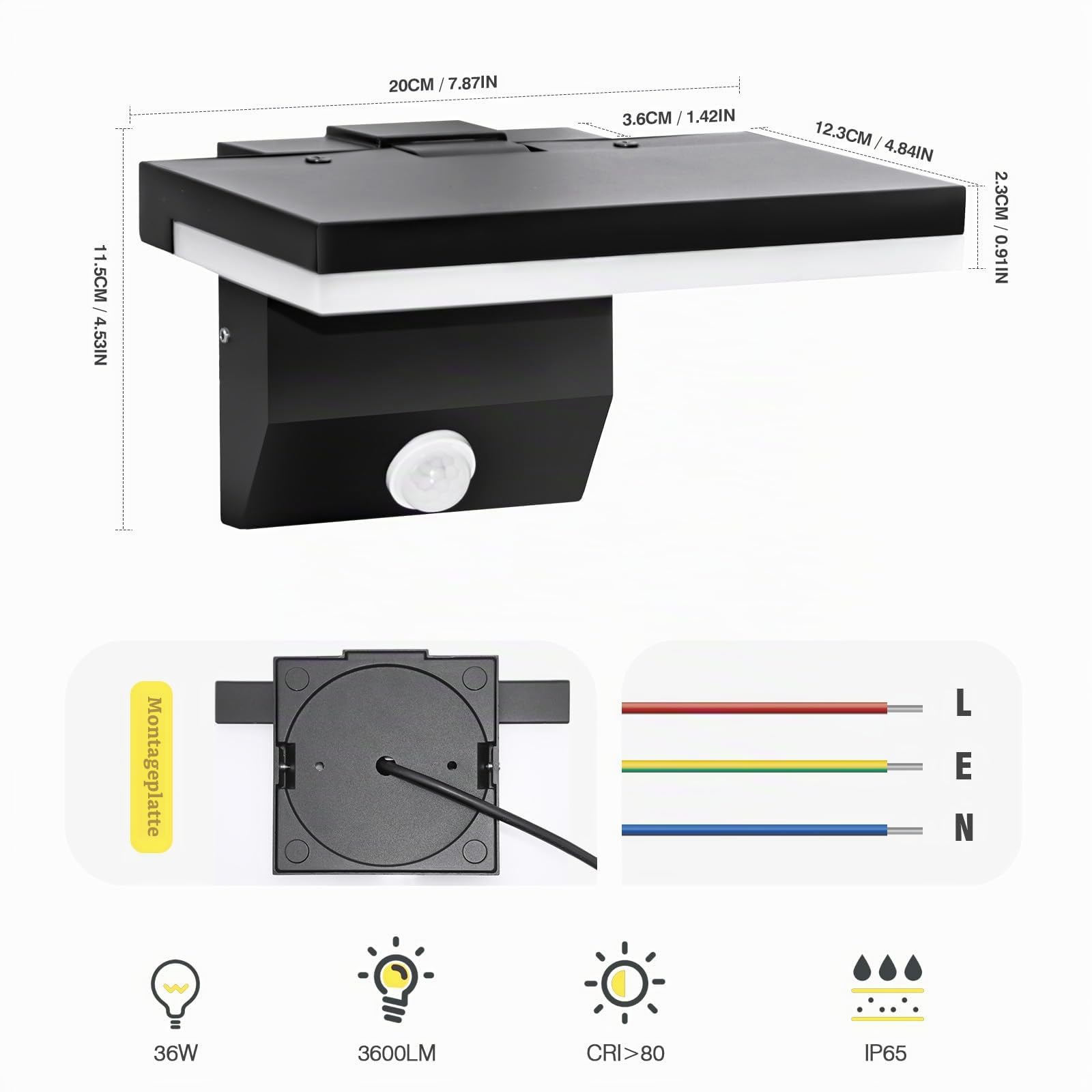 2 Stück 36W LED Wandleuchte Aussen/Innen Modern Schwenkbar Wandlampe | mit Bewegungssensor warmweiß 3000K wasserdicht IP65 Außenwandleuchte LED Panel Außenlampe für Terrasse Eingang Garten Balkone