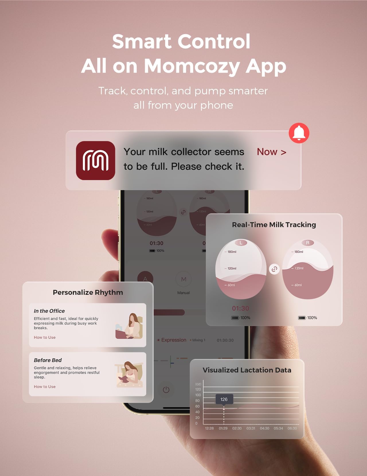Momcozy Air 1 Sacaleches Ultra Fino, 180 ml Extractor De Leche Materna Manos Libres Con Estuche De Carga Inalámbrica, Control Por App, Modo Automático, Alerta De Depósito Lleno