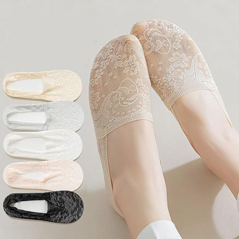 New Women's Lace Flower Cotton Bottom Invisible Socks,Women's No Show Lace Low Cut Socks (5 Colors,One Size) - Image 7
