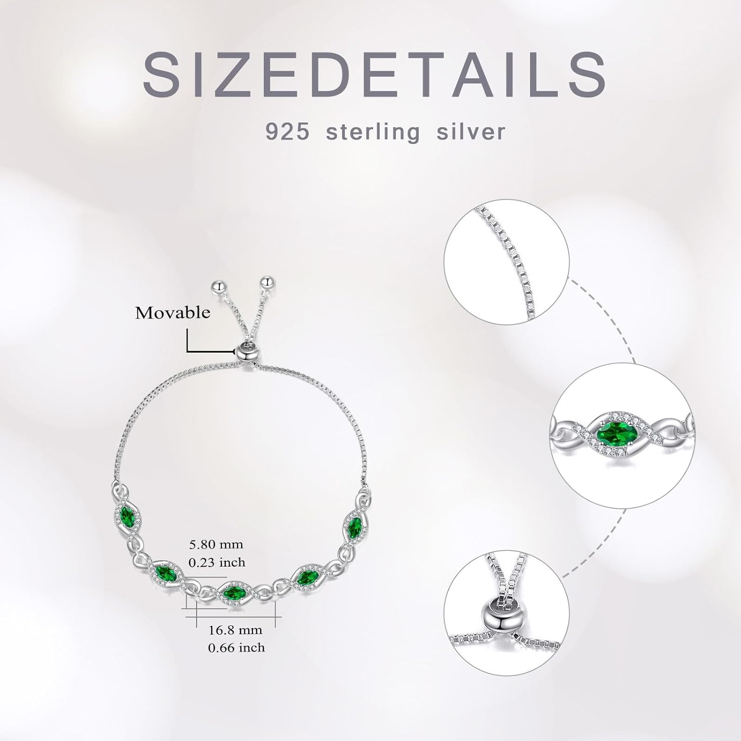 Infinity Birthstone Bracelet 925 Sterling Silver Oval Cut Gemstone Adjustable with Box Chain 6.5+2 Inch for Anniversary Birthday Women Gifts - Image 3