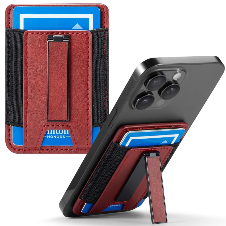 Image of Phone Card Holder Wallet with Stand, Hold 6 Card for iPhone Andriod | Stretch fabric card holder stick on back of phone case. Built-in stand for hands-free viewing. Holds 6 credit /ID cards