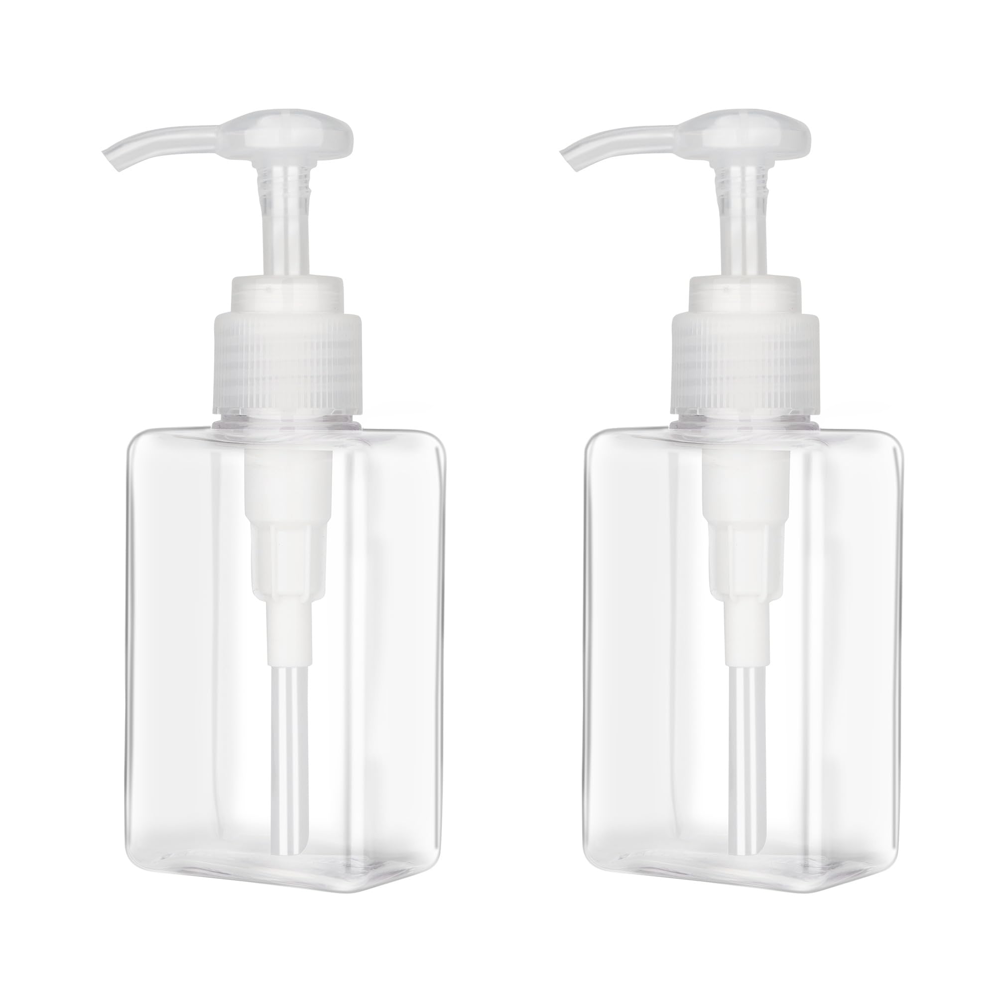 Muiltvoe 280ml (9.5oz) Pump Bottle Dispenser 2 Pack Refillable Flat Square Plastic Lotion Dispenser Leakproof Empty Lotion Pump Bottle for Essential Oil Soap Lotion Shampoo Clear