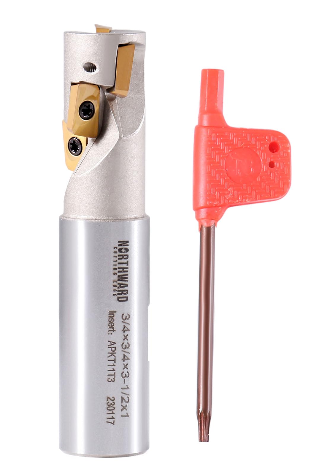 Accusize Industrial Tools 3/4'' 1 Flute 4 Inserts Weldon Shank Helical Indexable End Mill, Apkt11T3 Inserts, Oal 3-1/2'', Flute Length 1-3/32''