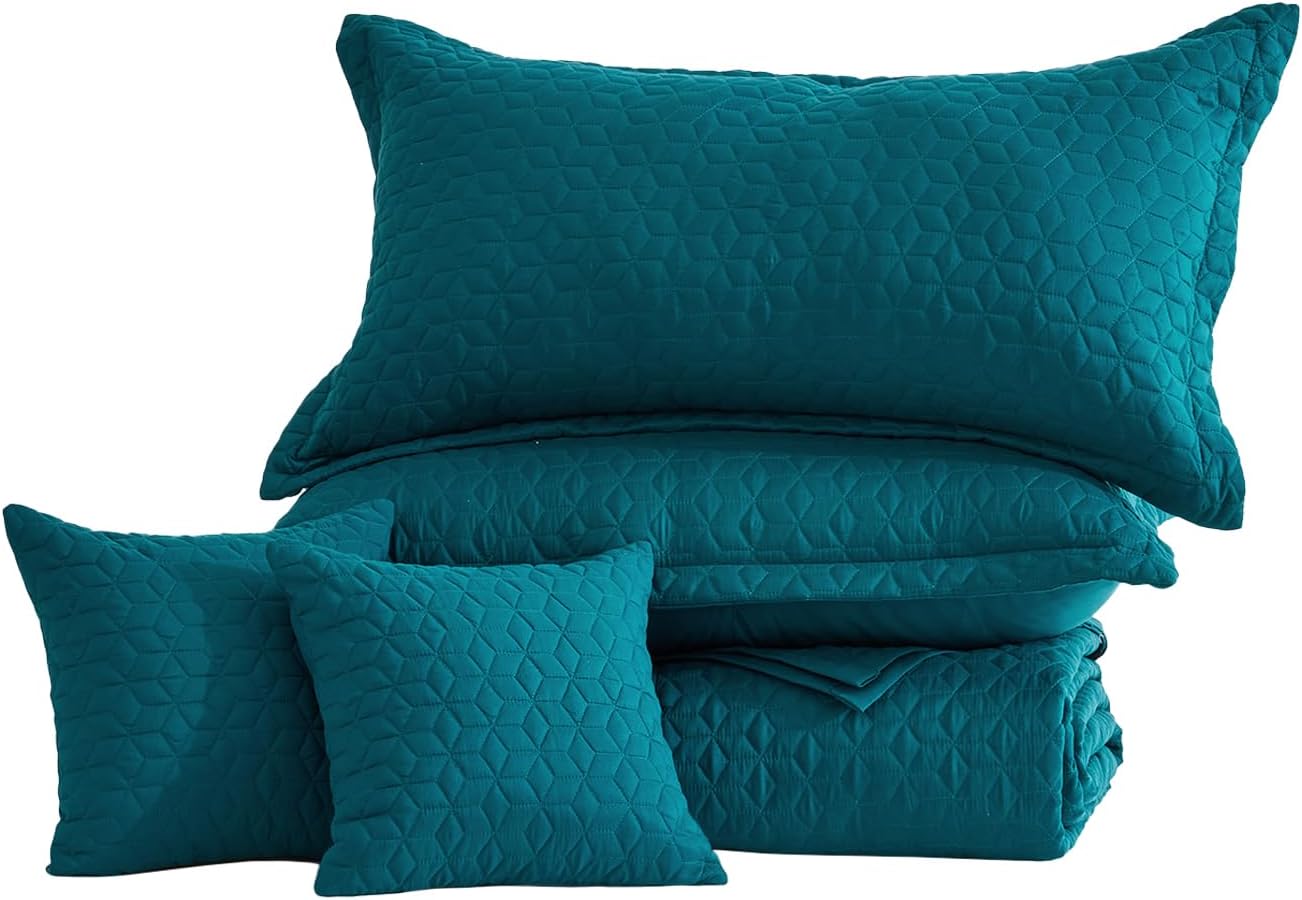 Oversized King Bedspread 128x120 Extra Wide, Modern & Contemporary Look, Lightweight Bedding Cover, Reversible, 5 Piece, 100% Microfiber, Blue Coral