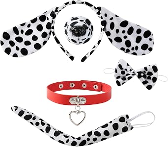 Nuolich Dalmatian Dog Ears Headband Tail Nose Bowtie Red Choker Set Adult Halloween Costume Accessories Animal Cosplay