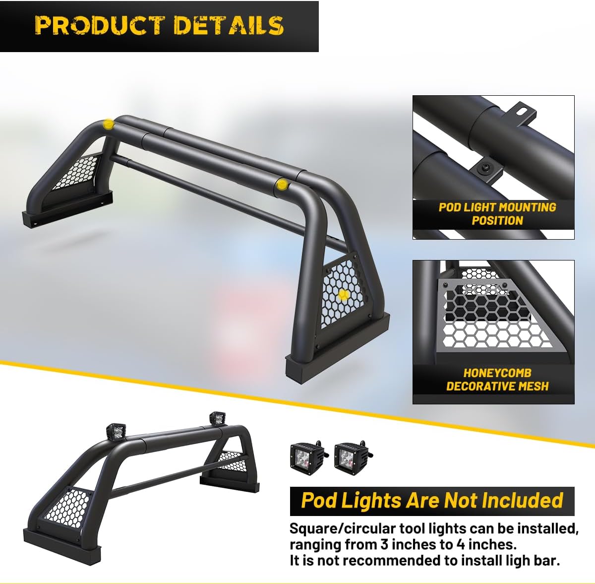 Classic Roll Bars for Universal Full Size Pickup Trucks, Adjustable Chase Rack Roll Bar for Chevrolet S-10 Colorado/GMC Sonoma/Jeep Gladiator/Toyota Tacoma/Nissan/Ford Ranger