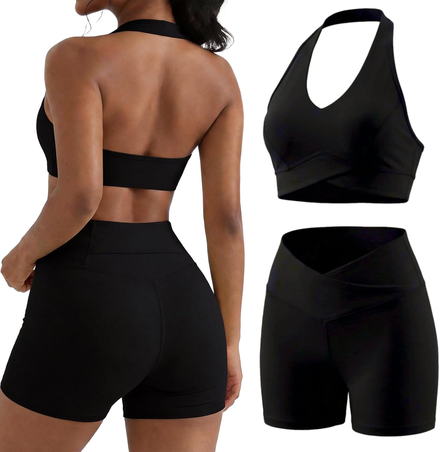 YOINS Workout Sets for Women 2 Piece Halter Sports Bra High Waisted Biker Shorts Gym Yoga Outfits