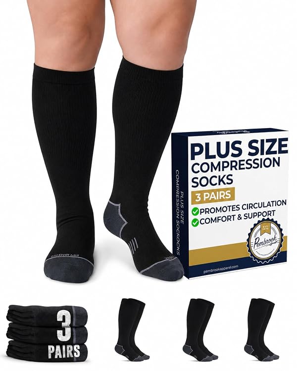Pembrook® Plus Size Compression Socks Wide Calf - 3 Pairs, 20-30mmHg, Extra Wide Calf Circulation Support for Swelling and Edema, Compression Socks Plus Size, Black with Dark Gray by Pembrook - Used condition - US$11.53