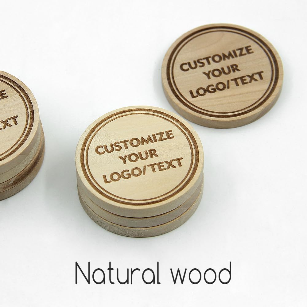 50-1000PCS Custom Wooden Round Bar Tokens, Laser Engraved with Your Logo and Text, Poker Chips for Bar, Party, Wedding, Festival, Corporate Event, Board Games