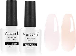 Vnicesli Transparent Jelly Nude Pink Gel Nail Polish Kit French Nail Art Manicure Nail Varnish Soak Off LED Nail Gel Natural Sheer Nude Pink Gel Polish 10mlx2