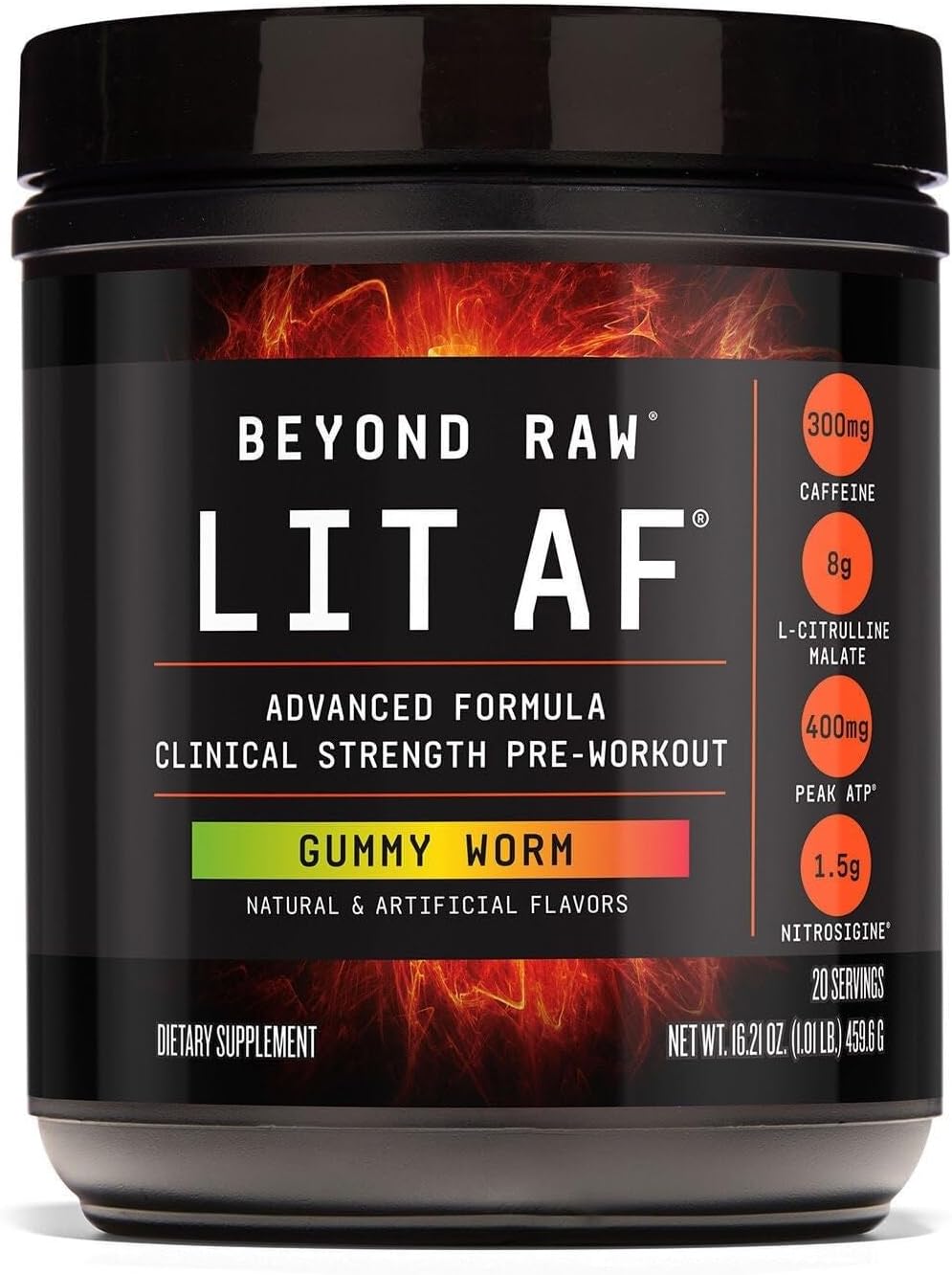 BEYOND RAW LIT Advanced Pre Workout Formula, for Energy, Focus, Endurance, Pumps, with 300mg Rapid and Targeted Release Caffeine, Creatine, Betaine, Beta Alanine, Taurine, 20 Servings