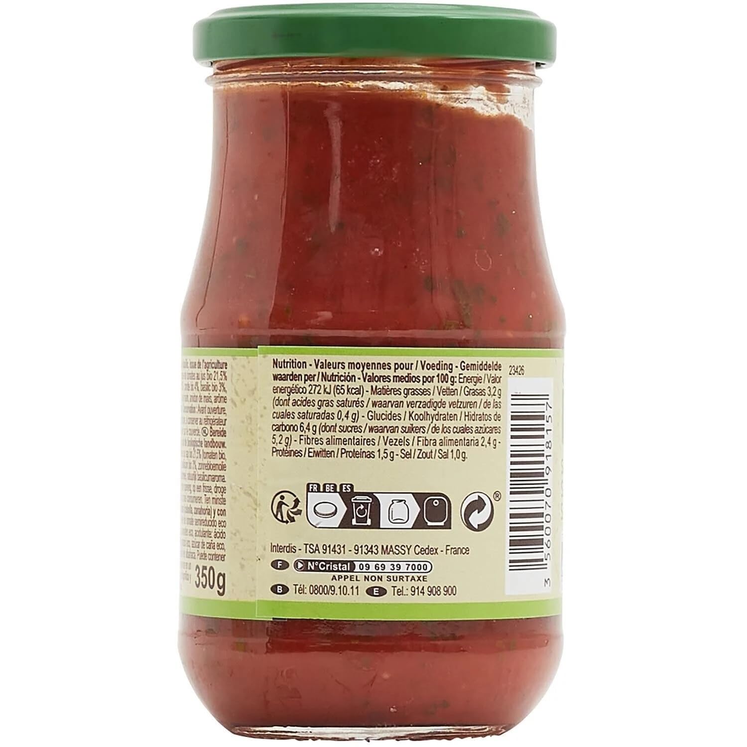 CARREFOUR BIO - Sauce Tomate au Basilic Bio - Recette aux Légumes - le pot de 350g - Le Lot De 4