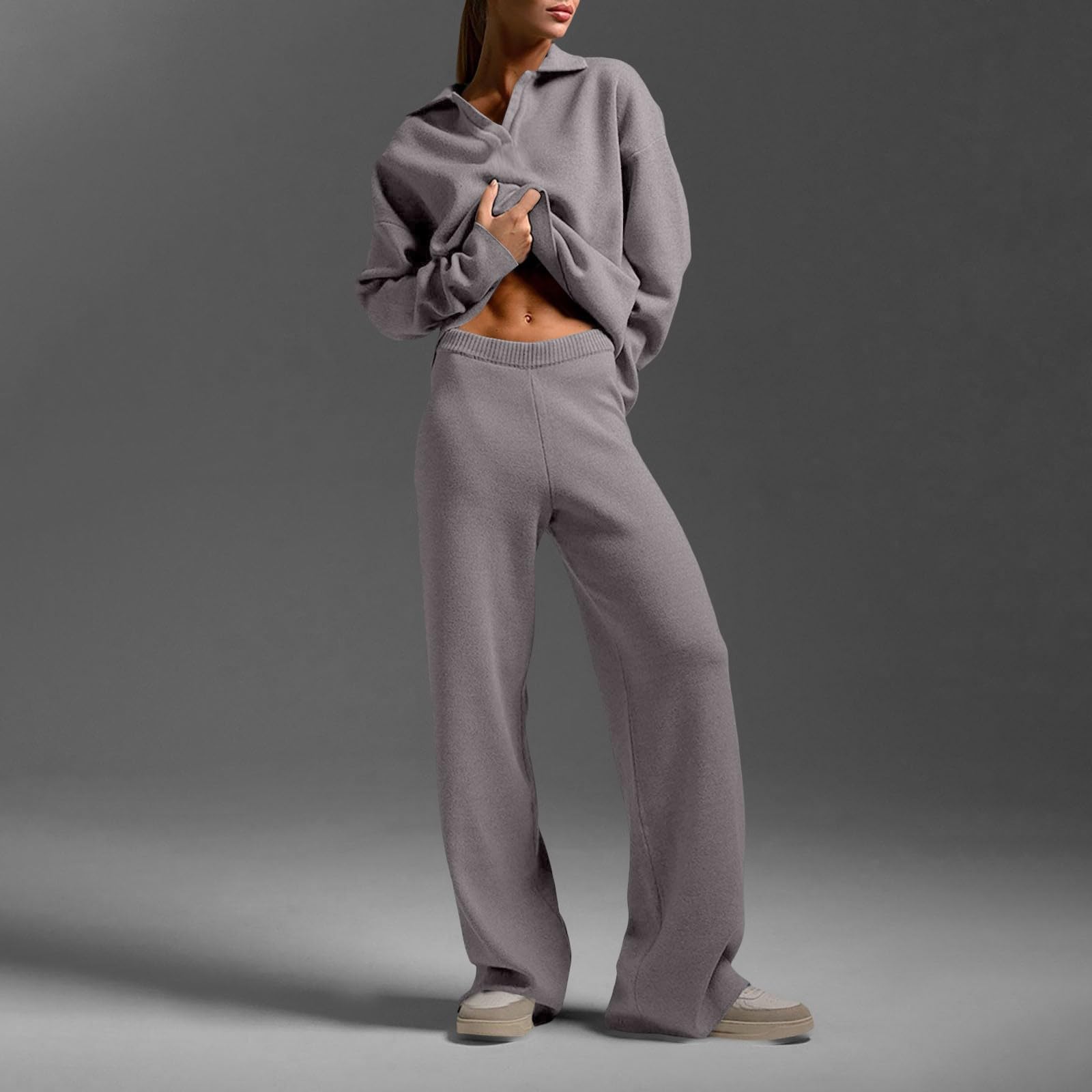 Completi Donna Eleganti 2 Pezzi Completi Da Ginnastica Manica Lunga Scollo a V Tuta Palestra Completo Sportiva Elegante Set Top E Pantaloni a Gamba Larga Tute Per Jogging Fitness Yoga Da Casa Autunno
