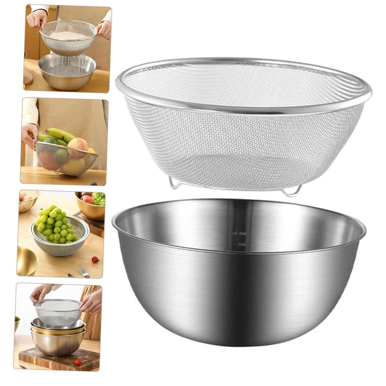 COLLBATH Colador Escurridor de Arroz y Frutas Cesta Estable y Multifuncional de Acero Inoxidable Fondo Plano Color Plata para Cocina y Uso Doméstico