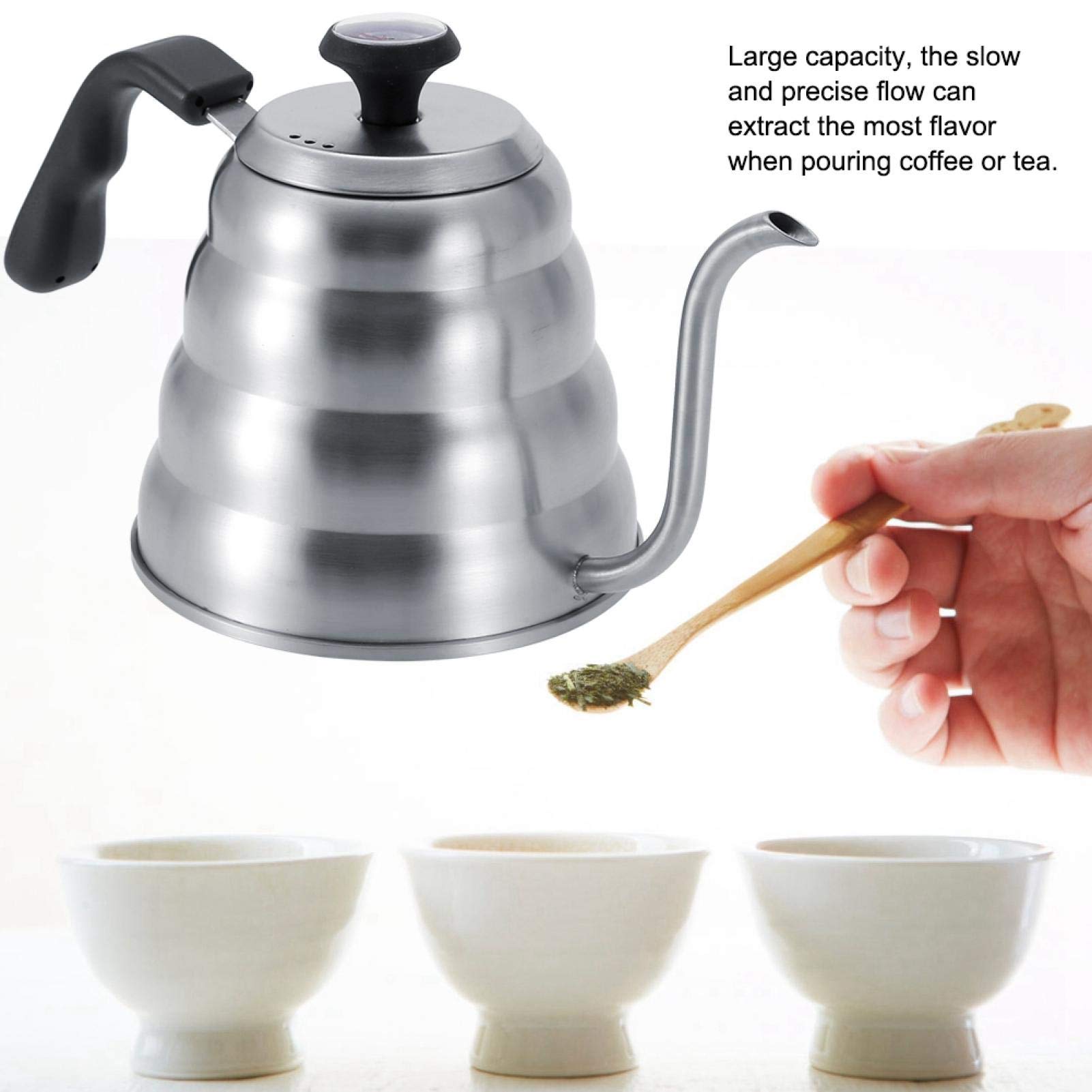 Fydun Bollitore Da Tè E Caffè In Acciaio Inossidabile 1L | Beccuccio A Collo Di Cigno Con Termometro Integrato | Manico Ergonomico In Silicone | Adatto A Induzione E Fornelli