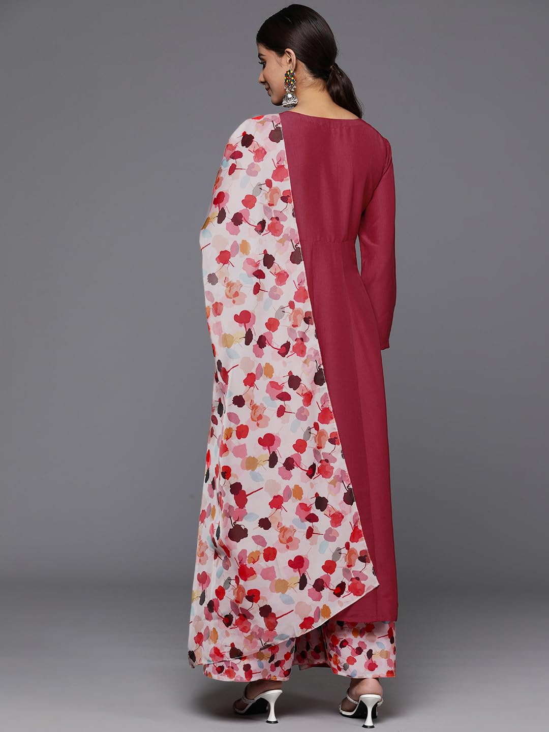 Varanga Women Maroon Anarkali Kurta Paired With Contrast Bottom And Dupatta