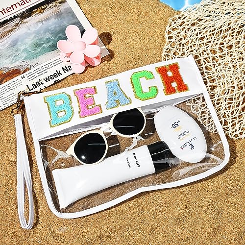 Beach Bag Chenille Letter Makeup Bag Clear Travel Zipper Nylon Cosmetic Pouch Sunscreen Toiletry Bag Beach essentials summer Travel Gifts for Women2