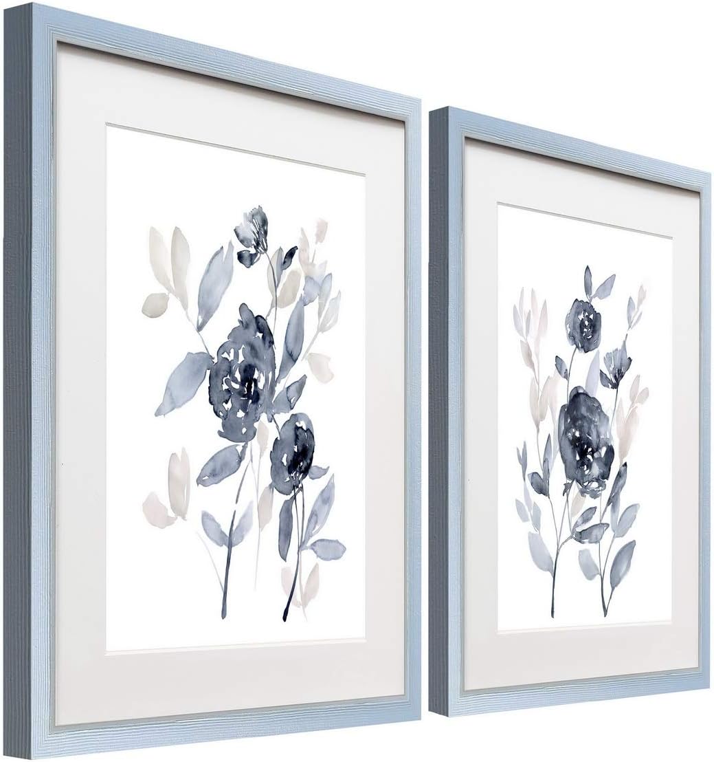 Renditions Gallery Peonies in Blue 2 Framed Artwork Set, Peaceful Botanical Leaf Art, Watercolor Blue & Grey, Silver Frame, White Mat & Plexiglass, 16 In W X 20 In H, Made in America