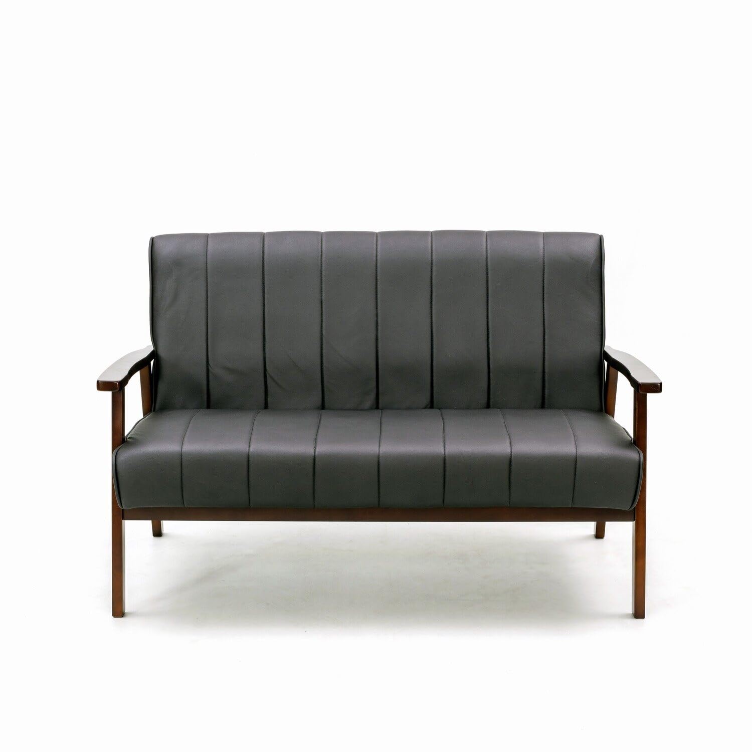 Panana 2-Seater Sofa Chair, Upholstered Strips Faux Leater Loveseat Couch Lounge Chair with Rubber Wood Armrests, Accent Armchair Guest Sofa Settee for Living Room, Bedroom and Office