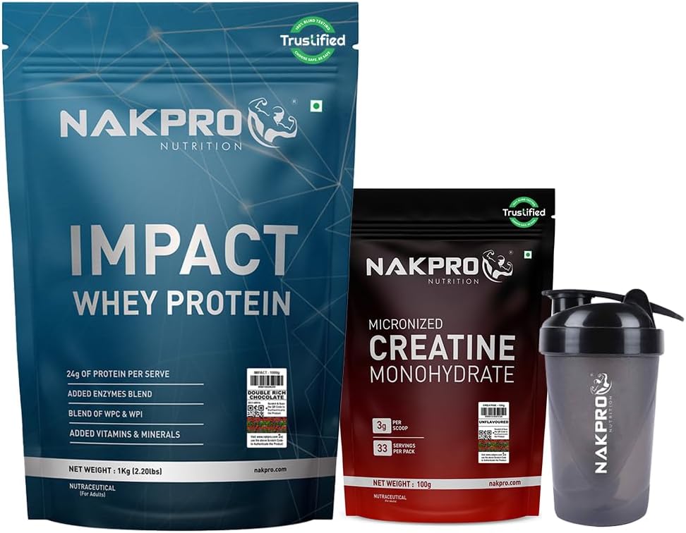 NAKPRO NUTRITION Impact Whey Protein Supplement Powder Combo | 1 Kg Double Rich Chocolate with 100g Creatine & Shaker | Trustified Certified