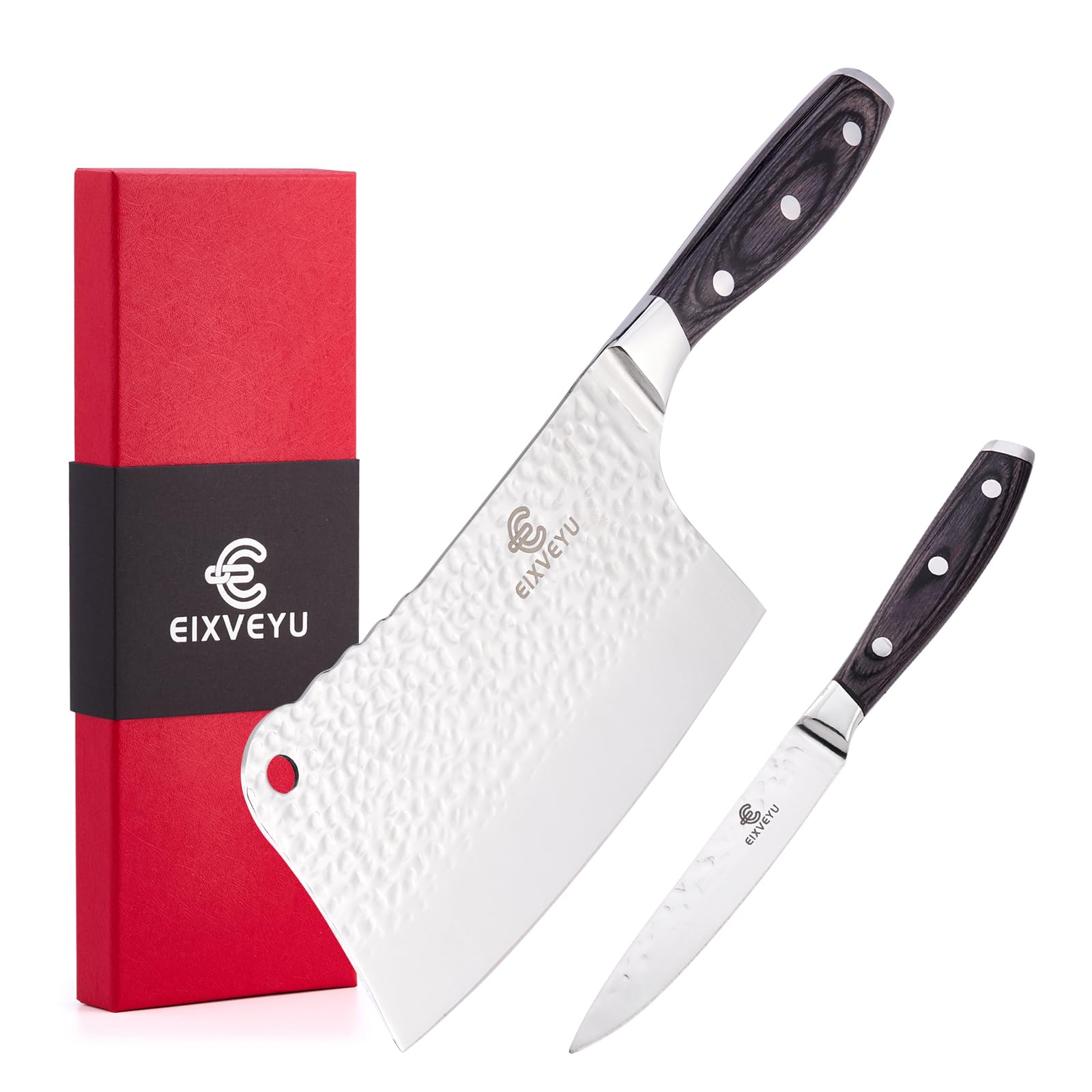 Juego de Cuchillos de Cocina 2 Juegos de Cuchillos de Carnicero y Cuchillos de Frutas,Cuchillos de Chef Forjados, Cuchillos de Corte de Huesos, con Mango de Madera y Embalaje de Regalo