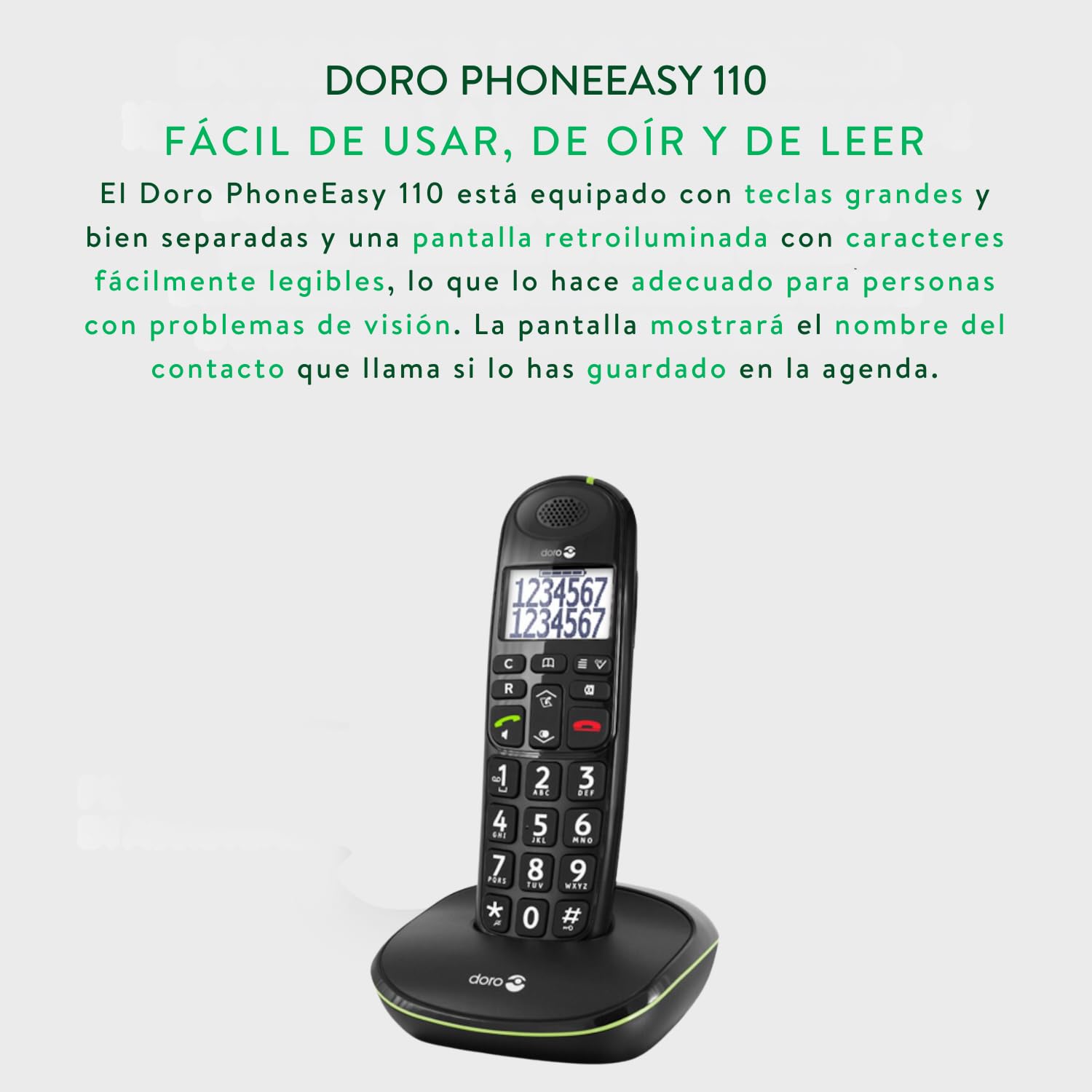 Doro PhoneEasy 110 Teléfono Inalámbrico DECT para Personas Mayores con Teclas Grandes Parlantes, Función de Llamada Interna y Audio Amplificado [Versión Española y Portuguesa] (X 1 / Negro)