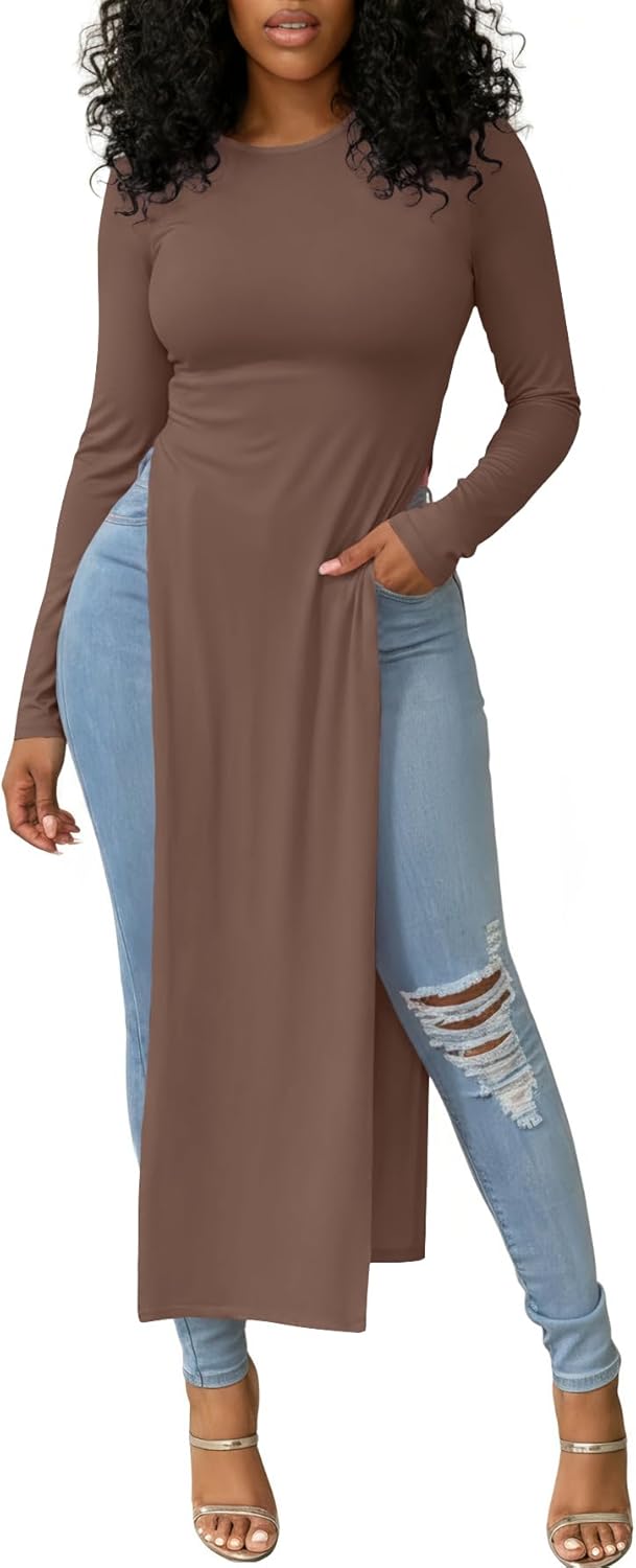 OPOIPIN Women's Crew Neck Split Slit Hem Long Sleeve Slim Fit Tee Top Long Shirt Tunic - Image 2
