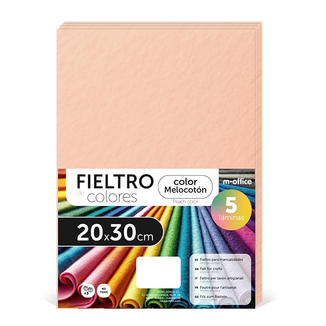 m-office Fieltro para Manualidades, Fieltro de Colores, Suave y Flexible, Material para Costura, Telas Patchwork, Ideal para proyectos DIY, artesanía o decoración, 20x30cm (melocoton, 5 uds)