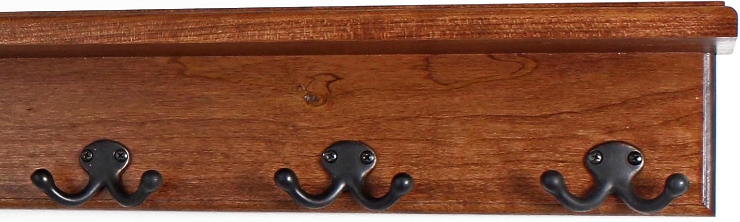 Solid Cherry Shelf Coat Rack with Aged Bronze Double Style Hooks - Made in The USA (Natural, 26" with 5 Hooks)