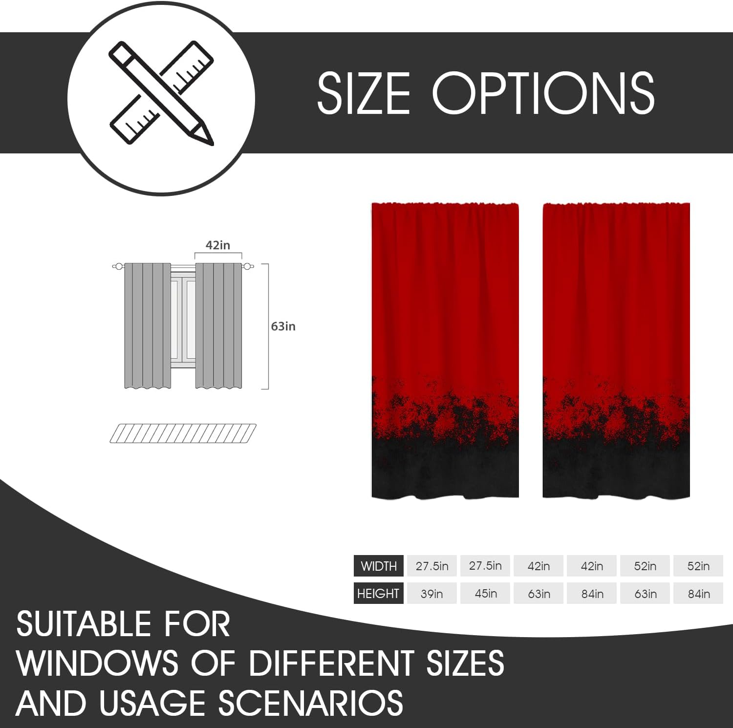 zokyer Red and Black Window Curtain Ombre Adults Cool Anime Boys Abstract Modern Mens Teen Gradient Simple Art 42" W x 63" L Curtains Set for Bedroom Living Room Bathroom 2 Panels Rod Pocket Drapes
