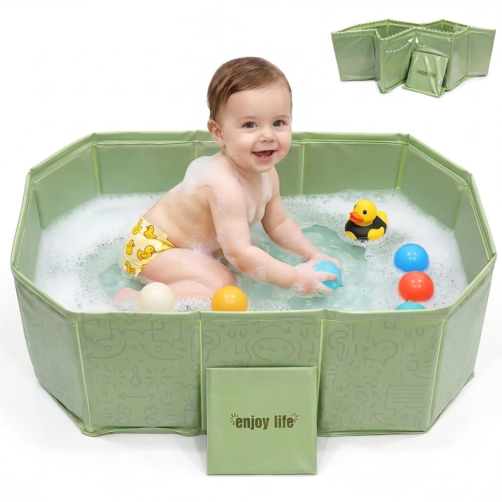 Vasca da bagno pieghevole per bambini, 75 cm, portatile, per neonati e bambini, antiscivolo, salvaspazio, pieghevole, con tappo di scarico, senza BPA, verde menta