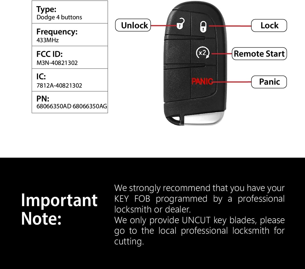 Replacement for 2011 2012 2013 2014 2015 2016 2017 2018 2019 2020 2021 Dodge Charger Dart Chrysler 200 300 Fiat 500X Key Fob Remote Control M3N-40821302 4 Buttons 433MHz