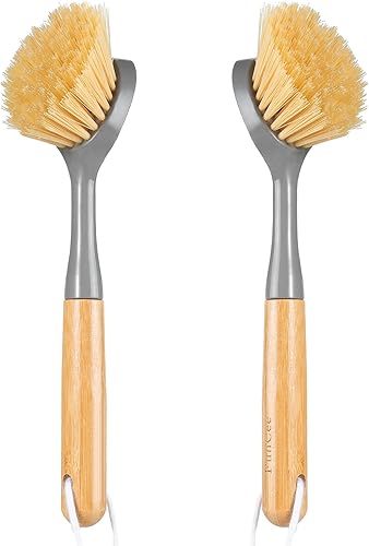 Miniatura 1 de Paquete de 2 cepillos de cocina con mango de bambú, raspador integrado, cepillo para fregar platos, cepillo para sartenes, ollas, limpieza de