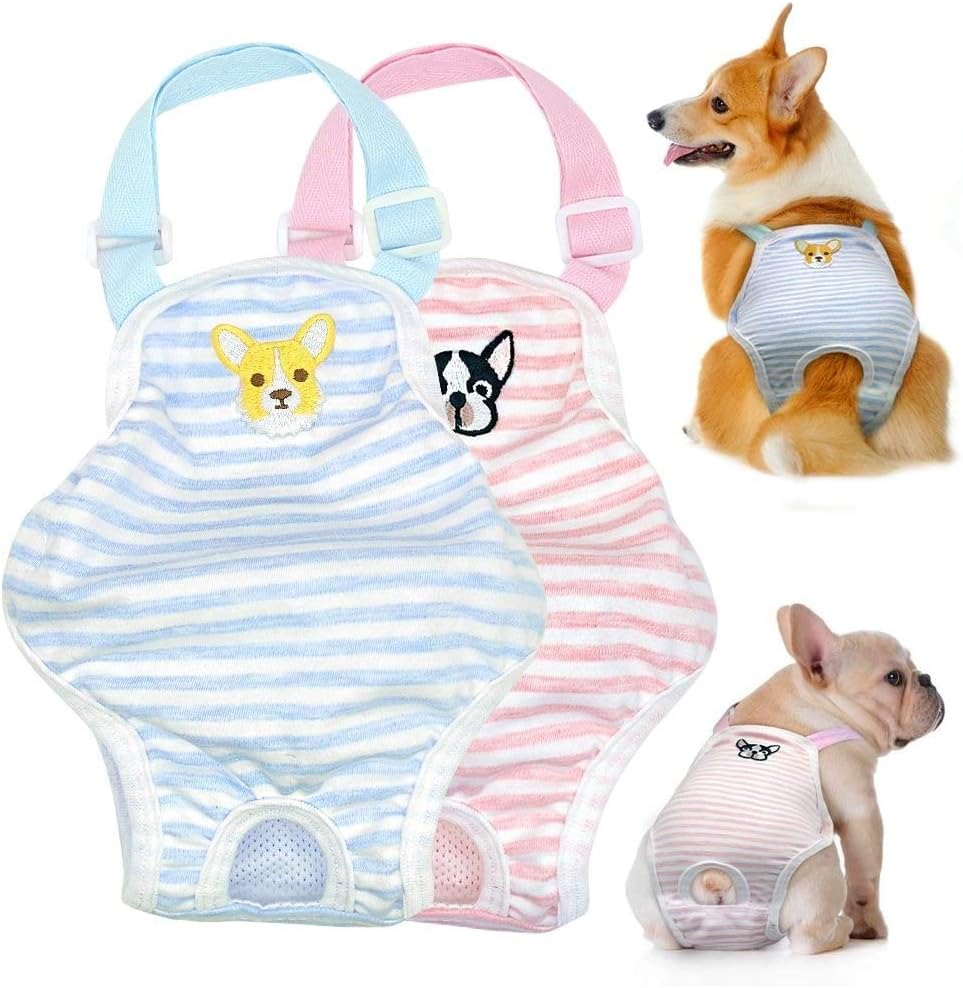 Stock Show 1PC Dog Cute Summer Cotton Stripe Sanitary Pantie with Adjustable Strap Suspender Physiological Pants Pet Underwear Diapers Jumpsuits for Girl Dogs Medium Large Corgi French Bulldog, Blue