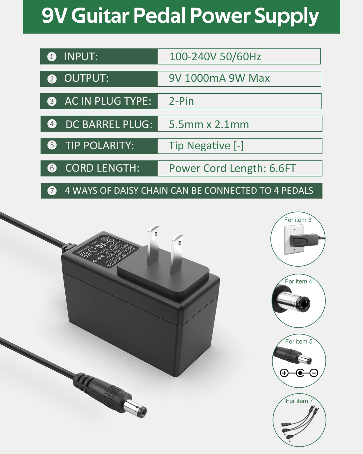 Cavo di alimentazione per pedale per chitarra, CC 9 V, per pedali, tastiera, pedaliera e altri 9 V, 1 A, 800 mA, 500 mA, adattatore UL, cavo di alimentazione Daisy Chain a 4 vie, centro negativo, 1,8