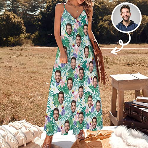 Womens Custom Face Long Dress Personalized Photo Gift Sling and Ankle V-Neck Sexy Gentle Beach,Street2