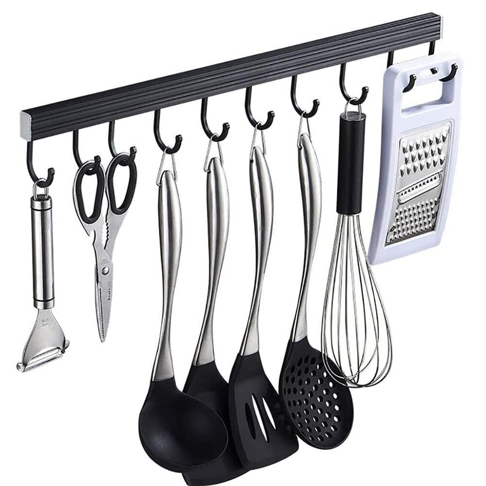 Soporte for utensilios de aluminio negro, gancho de cocina autoadhesivo for colgar en la pared for cocina y baño (30 cm/6 ganchos - 80 cm/16 ganchos)(50cm/10Hooks)